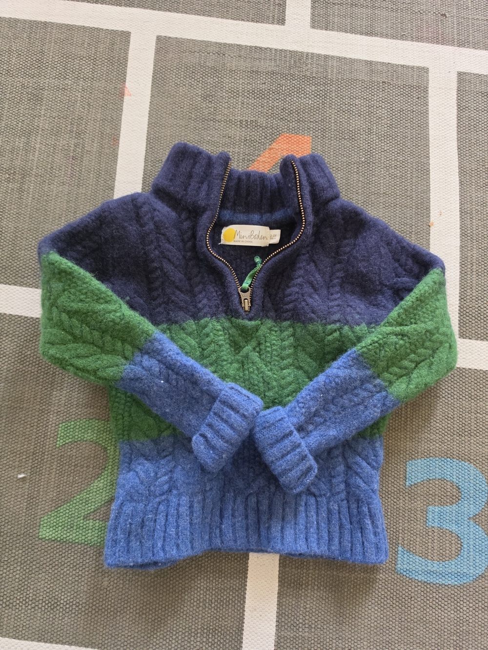 Mini Boden Navy, Green & Light Blue Cable-Knit Half-Zip Sweater